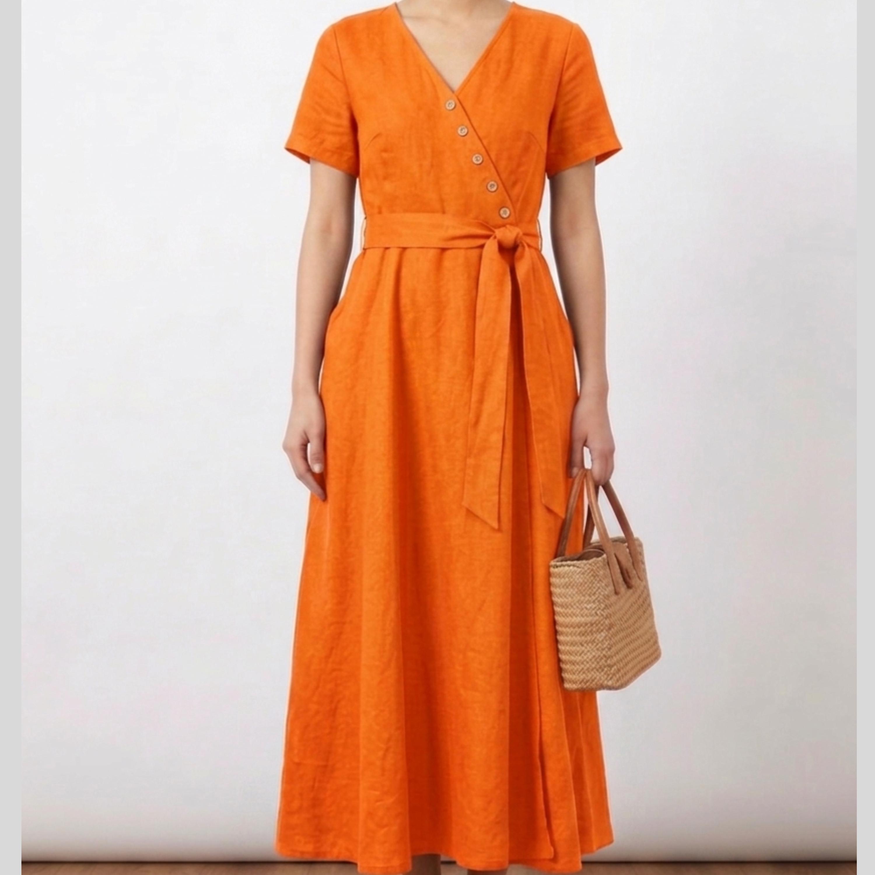 orange linen wrap dress Orange Linen Wrap Maxi Dress Women | Short Sleeve Belted Summer Dress with Pockets | Casual Boho Dress | Beach Vacation Outfit