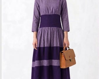Abito midi da donna in lino a righe viola / Abito oversize con bottoni sul davanti / Abito estivo casual dalla vestibilità ampia / Outfit minimalista in lino