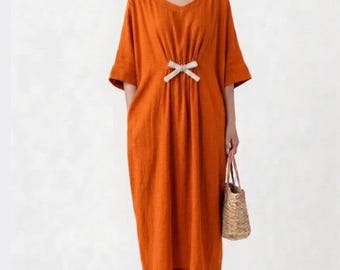 Abito lungo arancione in lino e cotone da donna / Abito casual taglie forti / Abito estivo lungo e ampio / Outfit minimalista per tutti i giorni / Abito lungo comodo