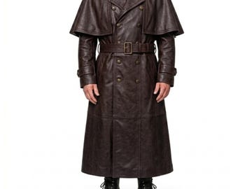 Trench coat da uomo in pelle marrone stile Inverness, cappotto-mantello gotico vittoriano, cappotto steampunk, cappotto invernale in pelle personalizzato
