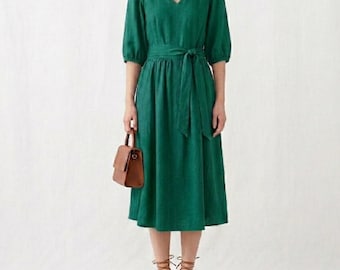 Abito midi avvolgente in lino verde da donna / Abito estivo a trapezio con scollo a V / Abito casual e fluido in lino / Outfit minimalista / Abito in lino Ylistyle
