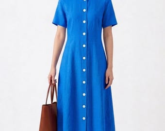 Abito midi da donna in lino blu / Abito a trapezio con scollo a V / Abito casual in lino a maniche corte / Outfit estivo minimalista