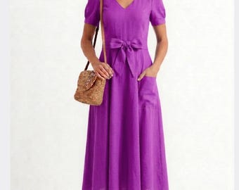 Abito midi da donna in cotone e lino viola / Abito estivo svasato con scollo a V, fiocco e tasche / Abito casual e fluido / Outfit minimalista