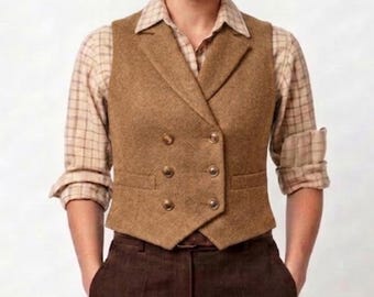 Gilet da donna in tweed vintage color cammello / Gilet a spina di pesce anni '30 / Gilet doppiopetto slim fit / Classico stile sartoriale d'epoca