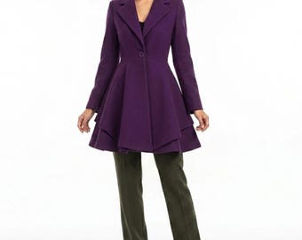 Princess Peplum Wool Coat Dress, Fit and Flare Jacket with Tiered Skirt, Vintage Style Long Coat, Elegant Winter Outfit,