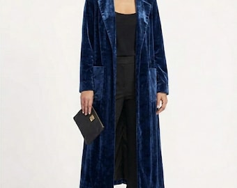 Cappotto lungo da donna in velluto di seta blu / Cardigan lungo elegante / Giacca maxi boho di lusso / Cappotto lungo in velluto, stile vintage / Cappotto in velluto fatto a mano
