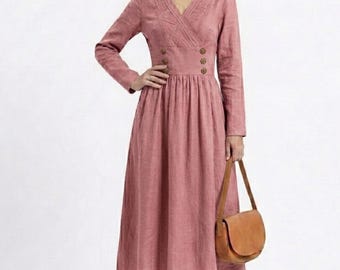 Abito midi da donna in lino rosa / Abito a trapezio con bottoni / Abito casual autunnale alla moda / Outfit minimalista in lino / Abito taglie forti