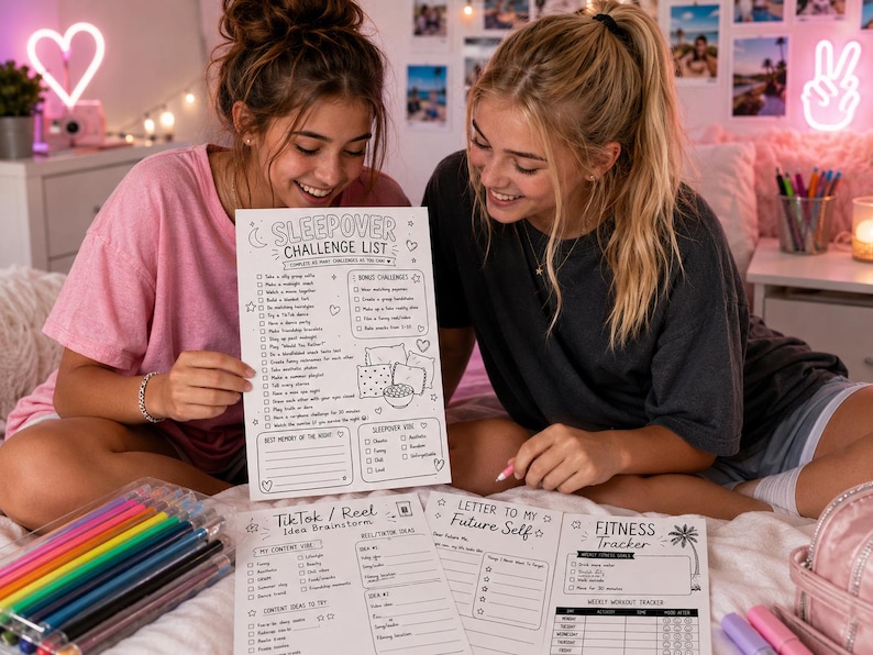 K&ouml;nnte beinhalten: Zwei junge Frauen betrachten l&auml;chelnd eine 'Sleepover Challenge List' und andere Aktivit&auml;tsbl&auml;tter. Die Bl&auml;tter enthalten Aufforderungen f&uuml;r TikTok-Ideen, einen Brief an das zuk&uuml;nftige Ich und einen Fitnesstracker. Ein Satz bunter Stifte und Marker befindet sich im Vordergrund.