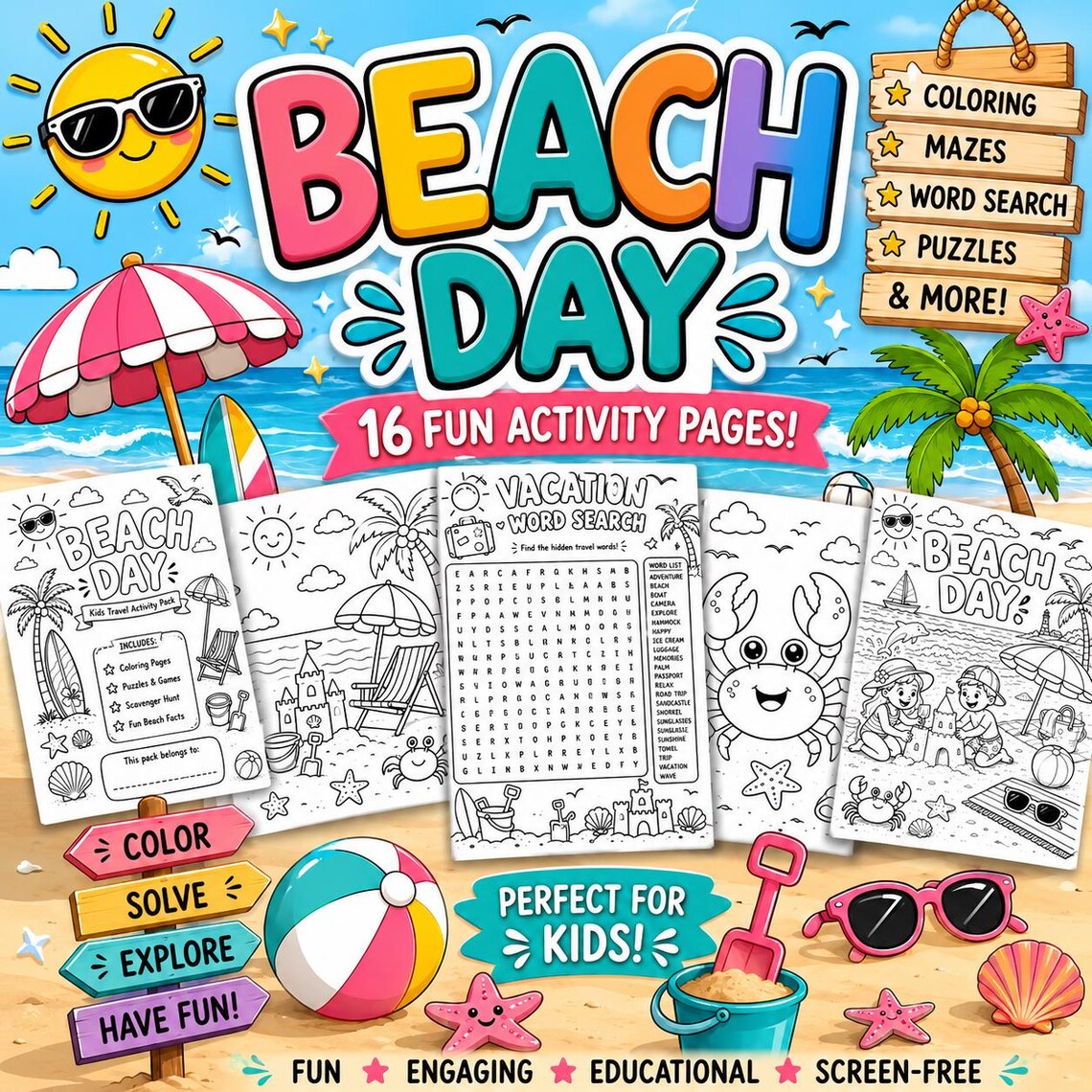 Beach Day Activity Pack for Kids | Printable Summer Fun Pack Ages 3-12 ...