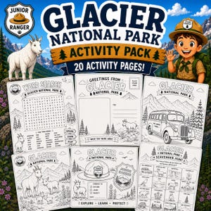 Op de afbeelding: Een Glacier National Park activiteitenpakket met 20 activiteitenpagina's met zwart-witillustraties van berggeiten, een tourbus en natuurscènes. De set bevat woordzoekers, ansichtkaarten en speurtochten met tekst.