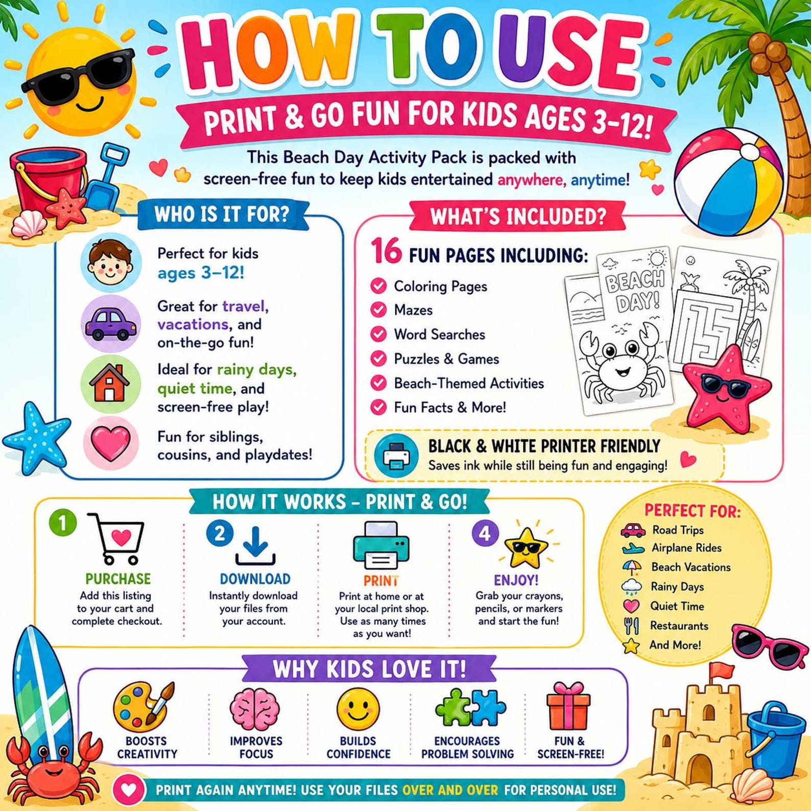 Beach Day Activity Pack for Kids | Printable Summer Fun Pack Ages 3-12 ...