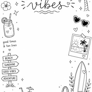 K&ouml;nnte beinhalten: Schwarz-wei&szlig;e Sommer-Illustration mit den Worten "SUMMER vibes". Enth&auml;lt eine Sonne, eine Palme, eine Sonnenbrille, ein Foto, ein Surfbrett, eine Tragetasche und andere Strandelemente.