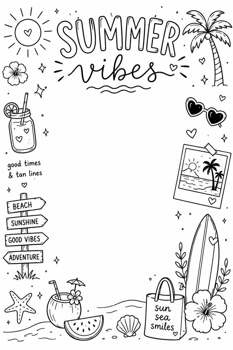 K&ouml;nnte beinhalten: Schwarz-wei&szlig;e Sommer-Illustration mit den Worten "SUMMER vibes". Enth&auml;lt eine Sonne, eine Palme, eine Sonnenbrille, ein Foto, ein Surfbrett, eine Tragetasche und andere Strandelemente.