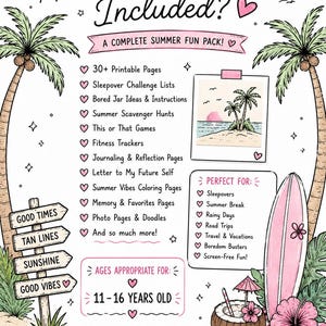 K&ouml;nnte beinhalten: Sommer-Illustration mit Text "WHAT'S Included?" und "A COMPLETE SUMMER FUN PACK!". Enth&auml;lt druckbare Seiten, Spiele und Aktivit&auml;ten. Mit Palmen, Surfbrett und Kokosnussgetr&auml;nk. Geeignet f&uuml;r 11-16 J&auml;hrige.