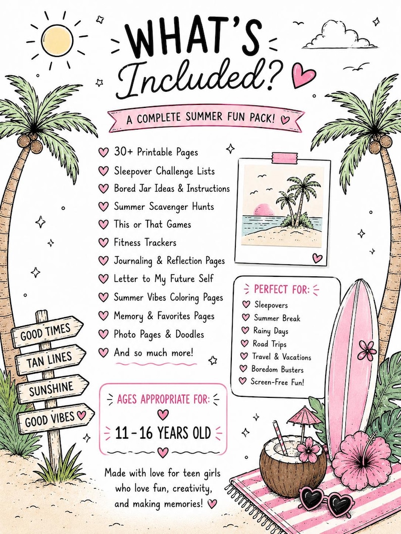 K&ouml;nnte beinhalten: Sommer-Illustration mit Text "WHAT'S Included?" und "A COMPLETE SUMMER FUN PACK!". Enth&auml;lt druckbare Seiten, Spiele und Aktivit&auml;ten. Mit Palmen, Surfbrett und Kokosnussgetr&auml;nk. Geeignet f&uuml;r 11-16 J&auml;hrige.