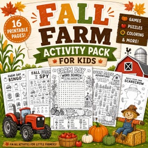 Può includere: Un pacchetto di attività digitali intitolato Fall Farm Activity Pack for Kids con 16 pagine stampabili. Il design include illustrazioni di un trattore rosso, zucche, mais, un fienile rosso e uno spaventapasseri, con cruciverba e labirinti.
