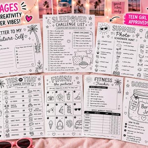 K&ouml;nnte beinhalten: Eine Sammlung von schwarz-wei&szlig;en Aktivit&auml;tsseiten mit Sommerthemen, darunter eine Sleepover-Challenge-Liste, eine Foto-Schnitzeljagd und ein Fitnesstracker. Ein rosa Becher und eine Kamera sind ebenfalls sichtbar.