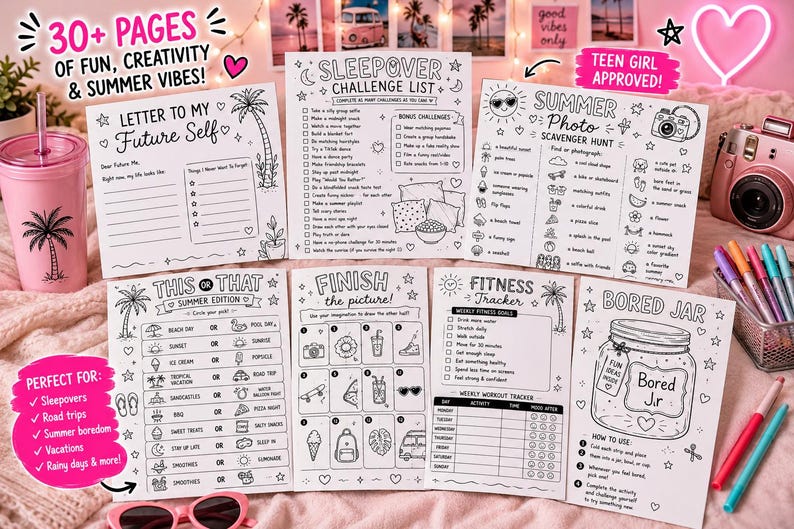 K&ouml;nnte beinhalten: Eine Sammlung von schwarz-wei&szlig;en Aktivit&auml;tsseiten mit Sommerthemen, darunter eine Sleepover-Challenge-Liste, eine Foto-Schnitzeljagd und ein Fitnesstracker. Ein rosa Becher und eine Kamera sind ebenfalls sichtbar.