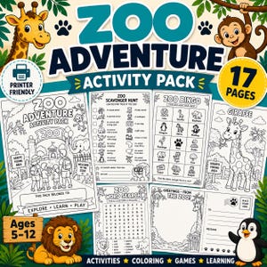Może przedstawiać: 17-stronicowy zestaw Zoo Adventure Activity Pack zawierający czarno-białe arkusze do kolorowania i gry do druku. Kolekcja obejmuje poszukiwanie skarbów, bingo, wykreślankę oraz szablony pocztówek z rysunkowymi zwierzętami, takimi jak żyrafa i lew.