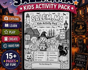 Salem MA Kids Activity Pack, Halloween Travel Games, Coloring Pages (Digital Download)