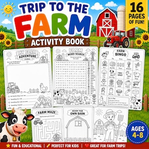 May include: A Trip to the Farm activity book cover featuring a red tractor, a barn, and sunflowers. The book includes 16 pages of fun for ages 4-8, with black and white activity sheets like a farm word search, bingo, a maze, and coloring pages.