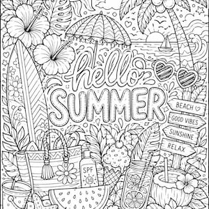 K&ouml;nnte beinhalten: Schwarz-Wei&szlig;-Illustration mit Sommerthema. Das Bild enth&auml;lt den Text "hello SUMMER", eine Strandszene, Sonnenbrillen, ein Surfbrett, Blumen, eine Strandtasche, Sonnencreme, Wassermelone und andere sommerbezogene Gegenst&auml;nde.