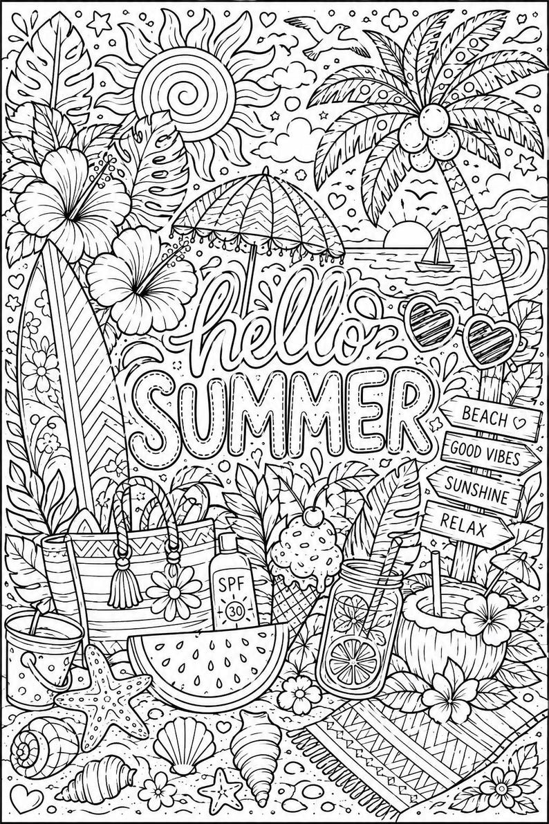 K&ouml;nnte beinhalten: Schwarz-Wei&szlig;-Illustration mit Sommerthema. Das Bild enth&auml;lt den Text "hello SUMMER", eine Strandszene, Sonnenbrillen, ein Surfbrett, Blumen, eine Strandtasche, Sonnencreme, Wassermelone und andere sommerbezogene Gegenst&auml;nde.