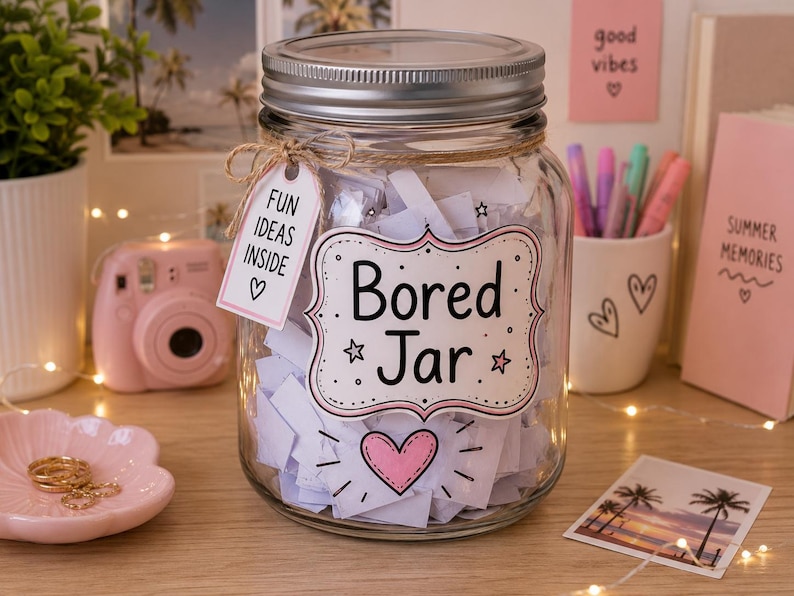 K&ouml;nnte beinhalten: Ein klares Glas mit silbernem Deckel, gef&uuml;llt mit wei&szlig;en Papierstreifen. Das Glas hat ein Etikett mit der Aufschrift "Bored Jar" mit einem rosa Herz. Ein Anh&auml;nger lautet "Fun Ideas Inside". Eine rosa Kamera und eine rosa Schale mit goldenen Ringen sind in der N&auml;he.