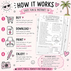 K&ouml;nnte beinhalten: Eine rosa-wei&szlig;e digitale Download-Grafik mit Anweisungen zum Kauf, Download, Drucken und Genie&szlig;en einer Sleepover-Challenge-Liste. Der Text lautet "Einfach, lustig & sofort!" und "Einfach, lustig & perfekt f&uuml;r Teenagerinnen!"