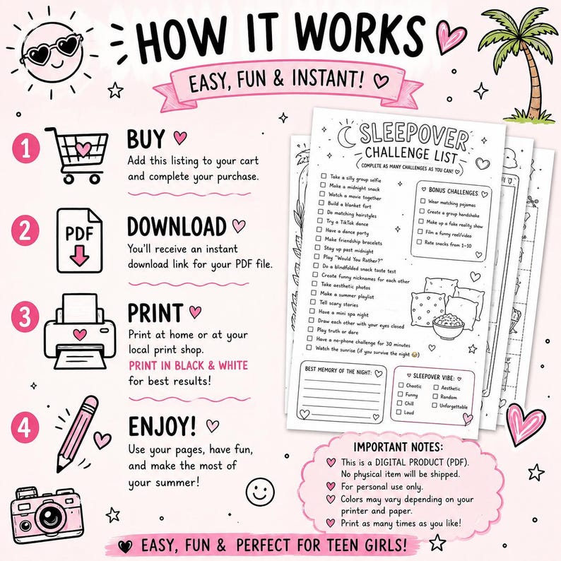 K&ouml;nnte beinhalten: Eine rosa-wei&szlig;e digitale Download-Grafik mit Anweisungen zum Kauf, Download, Drucken und Genie&szlig;en einer Sleepover-Challenge-Liste. Der Text lautet "Einfach, lustig & sofort!" und "Einfach, lustig & perfekt f&uuml;r Teenagerinnen!"