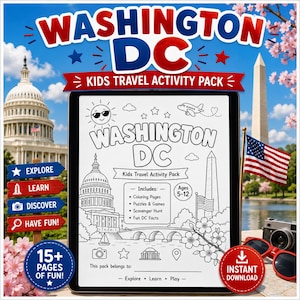 Può includere: Un pacchetto di attività di viaggio digitale per bambini di Washington DC, con il testo "WASHINGTON DC". Il pacchetto include pagine da colorare, puzzle e curiosità per bambini dai 5 ai 12 anni. L'immagine presenta anche il Campidoglio e il Monumento a Washington.