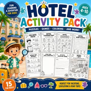 以下が含まれることがあります： パズル、ゲーム、塗り絵が入った子供向けホテルアクティビティパック。表紙には虫眼鏡とスーツケースを持った子供のイラストが描かれており、スカベンジャーハント、ビンゴ、ワードサーチなどのアクティビティシートが含まれています。