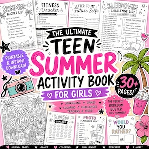 K&ouml;nnte beinhalten: Ein farbenfrohes, druckbares Sommer-Aktivit&auml;tsbuch f&uuml;r M&auml;dchen mit Journaling, Spielen, Ausmalen und Trackern. Enth&auml;lt eine Sommer-Bucket-Liste, einen Fitnesstracker und eine &Uuml;bernachtungs-Challenge-Liste. Das Buch hat &uuml;ber 30 Seiten.