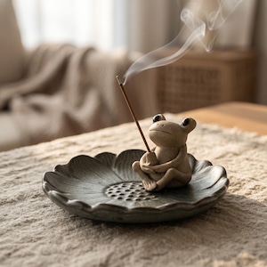 Handgjord vintage keramisk groda rökelsekare present för meditationsdekor