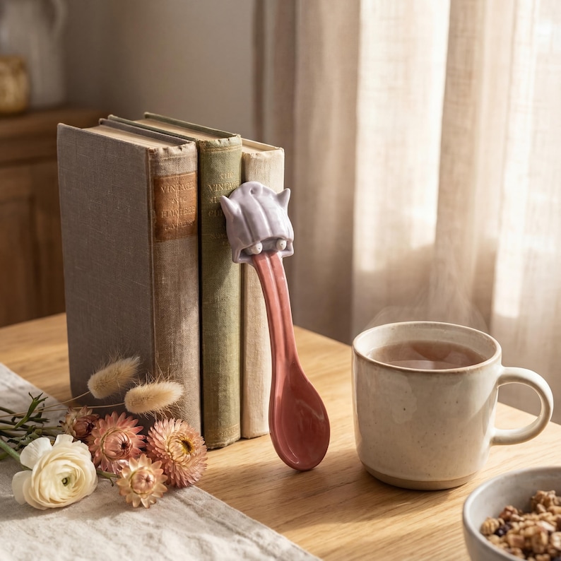 May include: A novelty ceramic spoon featuring a monster head and a red handle, leaning against old books. A mug of tea and a bowl of granola are on a wooden table, creating a warm, inviting scene. The spoon is a unique kitchen item.