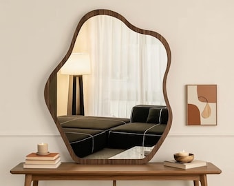 Organic Wavy Mirror – Asymmetrical Dark Wood Frame, Modern Statement Piece