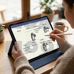 Könnte beinhalten: Ein digitaler Wochenplaner auf einem Tablet. Der Planer hat einen hellbeigen Hintergrund mit schwarzem Text und Illustrationen. Die Wochentage sind aufgelistet, mit Aufgaben wie "Paket abholen" und "Gartenarbeit". Ein Stift wird zur Interaktion mit dem Bildschirm verwendet.