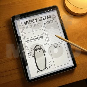 May include: A digital weekly planner displayed on a tablet. The planner includes sections for the weekly spread, to-do list, and goals. A cartoon character wearing sunglasses is featured. A stylus rests on the screen.