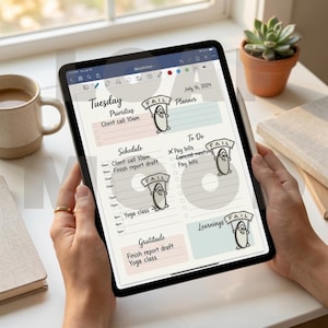 May include: A digital planner displayed on a tablet, held by hands. The planner's interface shows a Tuesday schedule with priorities, to-do lists, and a gratitude section. The planner includes the date July 16, 2024, and features cartoon illustrations.