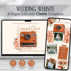 Terracotta Boho Wedding Website Template with RSVP and Countdown Timer: 4-Page Editable Canva Design (Digital Download)