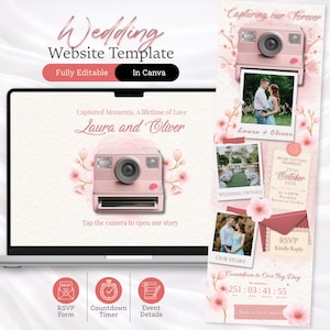 Cherry Blossom Wedding Website Template, Polaroid Camera Design for Engaged Couples, Editable Canva Site with RSVP and Countdown Timer