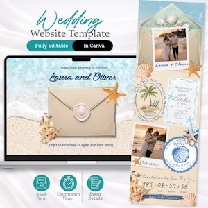May include: A digital wedding website template displayed on a laptop screen and a vertical mobile layout. The design features a beach theme with seashells, starfish, and text including Laura and Oliver, Unseal our journey to forever, and RSVP.