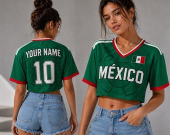 Personalized Mexico Soccer Crop Top Jersey, Custom Name and Number Mexico Jersey Crop Tee, Mexico Football Jersey Shirt for Fan, Mexico Fan
