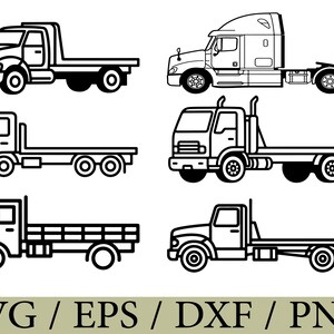 May include: Black and white line art illustrations of six different flatbed trucks. The trucks vary in style, including a semi-truck and smaller pickup-style trucks. The image includes the text "SVG / EPS / DXF / PNG" at the bottom.