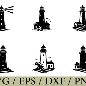 May include: A collection of six black lighthouse illustrations on a white background. Each design features a lighthouse structure, some with waves, small houses, birds, or a sailboat. The text SVG / EPS / DXF / PNG is printed at the bottom.
