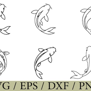 May include: Six black line art koi fish illustrations in various swimming positions. The fish are stylized with simple lines, showcasing fins, tails, and body contours. The bottom of the image displays the text "SVG / EPS / DXF / PNG" in a green-beige color.