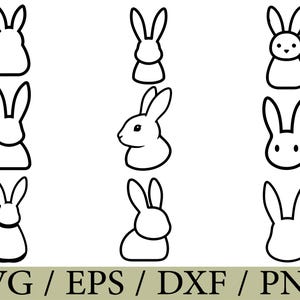 May include: A collection of nine black and white line art illustrations of rabbits in various poses, including front, side, and back views. The graphic set features minimalist bunny silhouettes with long ears and simple outlines. Text reads SVG / EPS / DXF / PNG.