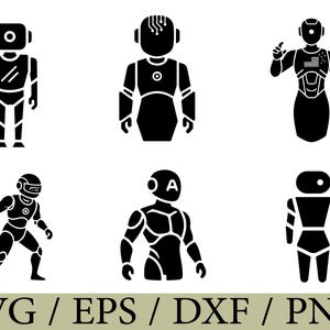 May include: Six black robot illustrations in different poses. The robots have varied head shapes, body designs, and arm positions. The bottom of the image displays the text "SVG / EPS / DXF / PNG" in a green font.