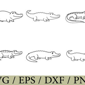 May include: A collection of six black and white line art illustrations of crocodiles in various poses. Each crocodile features a simple, cartoon-style design with a smiling expression, textured scales along the back, and a long tail. The text SVG / EPS / DXF / PNG is displayed at the bottom.
