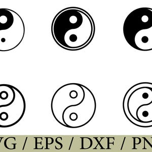 Puede incluir: Una colección de seis símbolos yin yang en blanco y negro con varios estilos, incluyendo versiones sólidas y contorneadas. El texto SVG / EPS / DXF / PNG aparece en la parte inferior de la imagen, indicando los formatos de archivo disponibles.